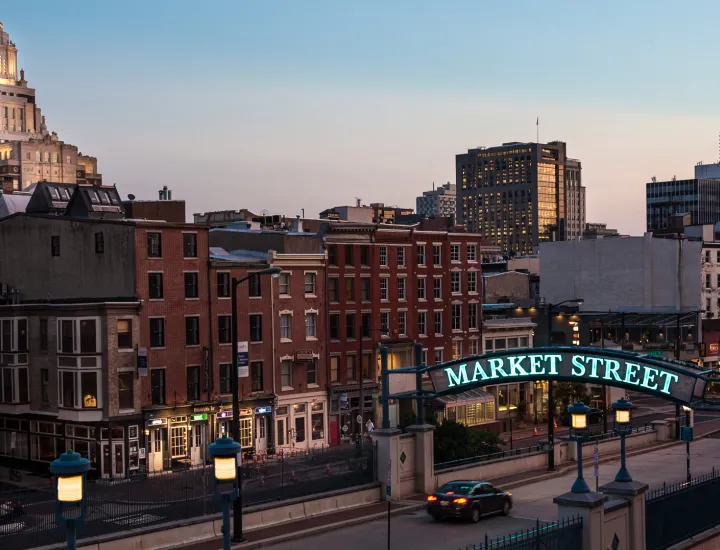 Skyline view of Market Street with illuminated Market Street sign
