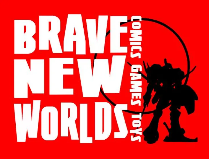 Brave New Worlds logo with red background and white text