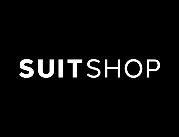 SuitShop logo with SUITSHOP in capitalized in white text with black background