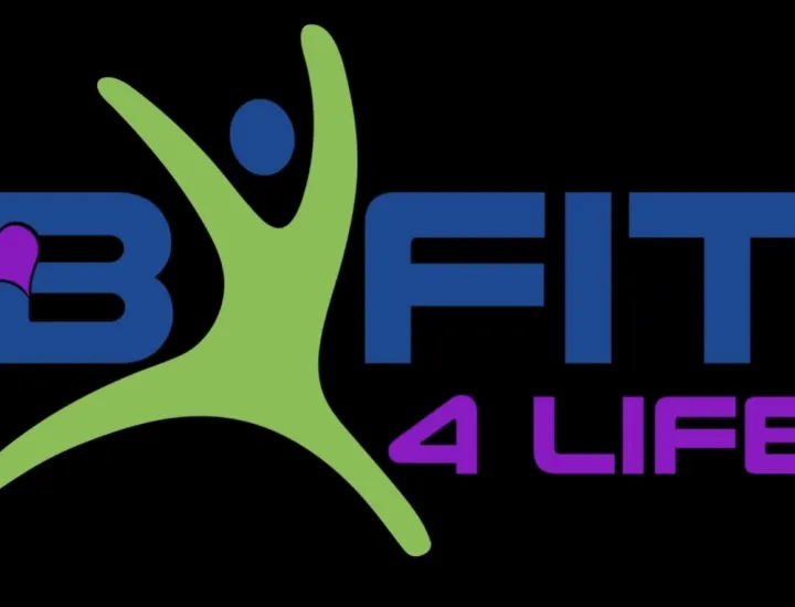 BFit4Life logo with black background with blue, purple, and green text