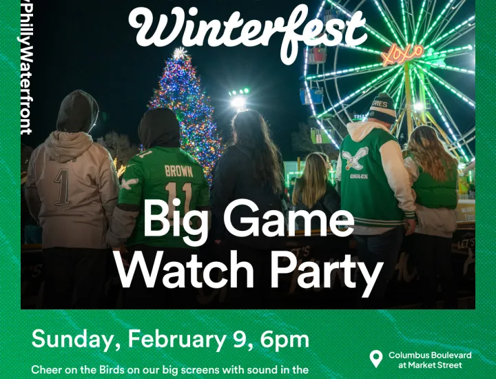 Graphic detailing the Super Bowl Watch Party. 