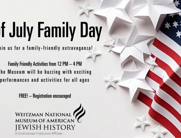 An American flag is on the right side surrounded by while paper stars. On the left is the information for the event