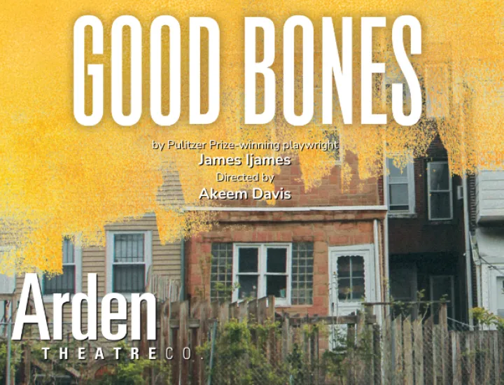 A picket fence with overgrown foliage in front of the back of a line of rowhomes. The top half of the rowhomes are have an overlay that looks like yellow paint. Text Reads: Good Bones, By Pulitzer Prize-winning playwright James Ijames Directed by Akeem Davis, Arden Theatre Co. 