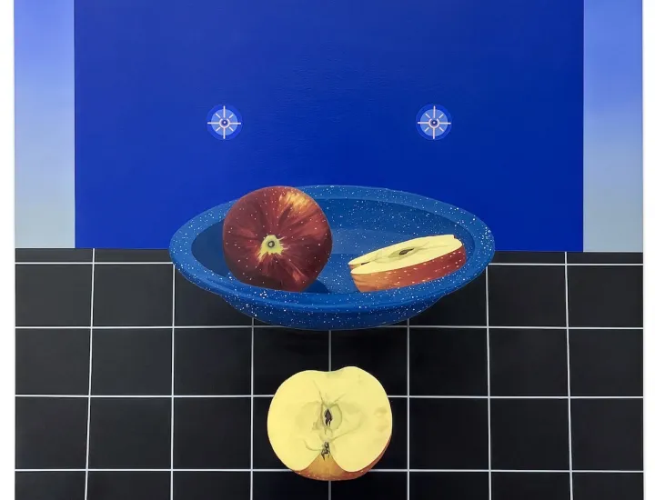 Two apples (twin targets), 20 x 16 inches / 51 x 41 cm, oil and wax on linen over panel, 2025