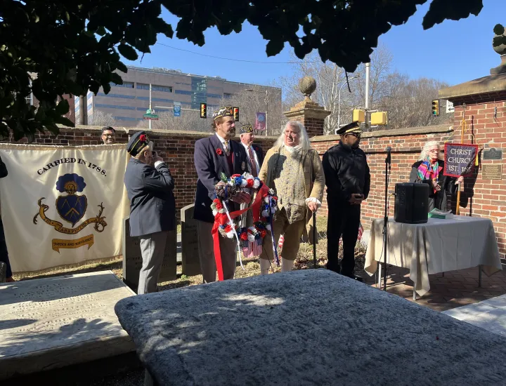 Benjamin Franklin portrayer at Christ Church Burial Ground Procession