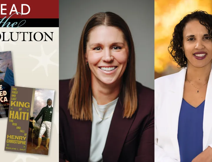 Graphic that reads "Read the Revolution" with books on the left and two headshots of two women in business casual tops