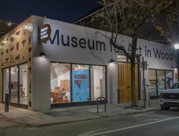 The exterior of the Museum for Art in Wood with the words "A Usable Past" written on the window