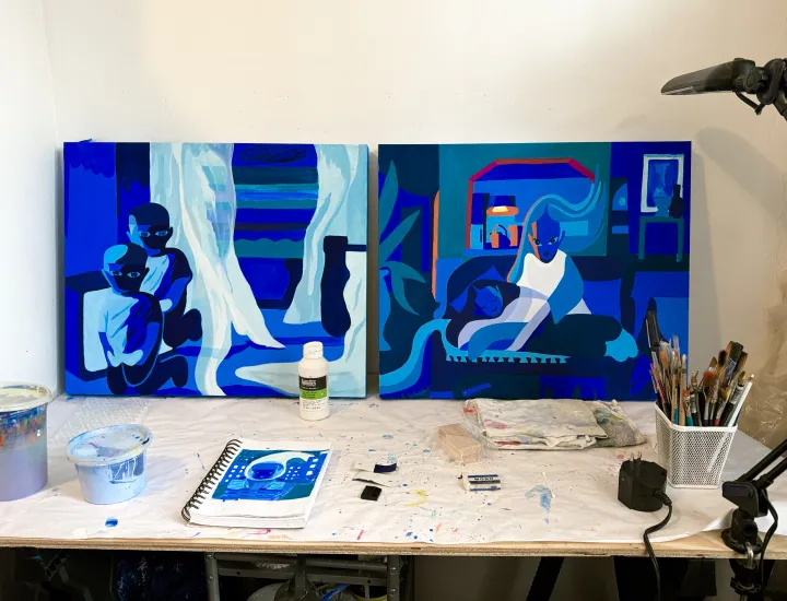 Studio shot of 2 paintings in progress by Branche Coverdale