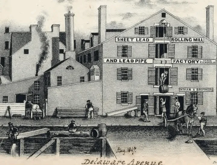 Lithograph of an advertisement depicting the Tatham & Brothers factory complex located at 608 Delaware Avenue in Philadelphia, August 1847.