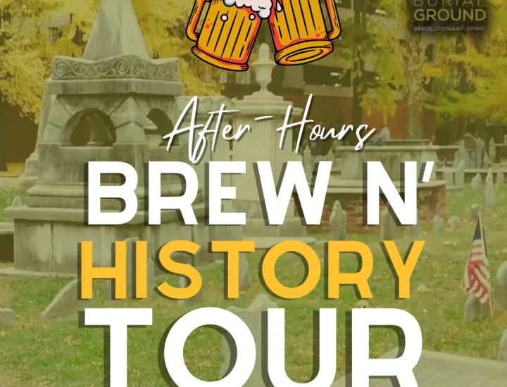A promotional banner for the 'After-Hours Brew N' History Tour' by the Christ Church Preservation Trust. The background features the historic burial ground with stone graves.