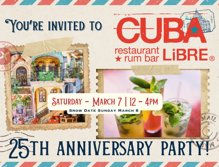 Post card invitation to Cuba Libre's 25th Anniversary Party