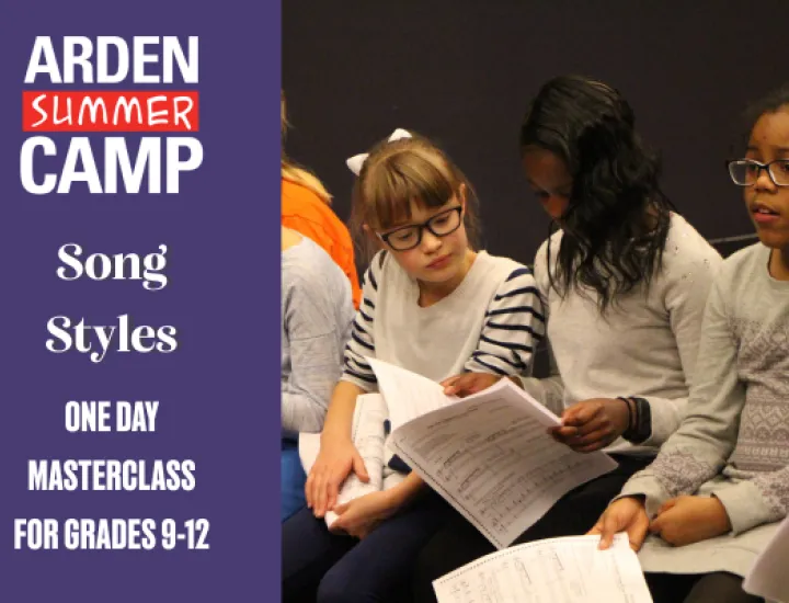 Three young students are sitting and holding sheet music, ready to sing! Next to the image, there is text that reads: 'Arden Summer Camp, Song Styles, One Day Masterclass for grades 9-12.'