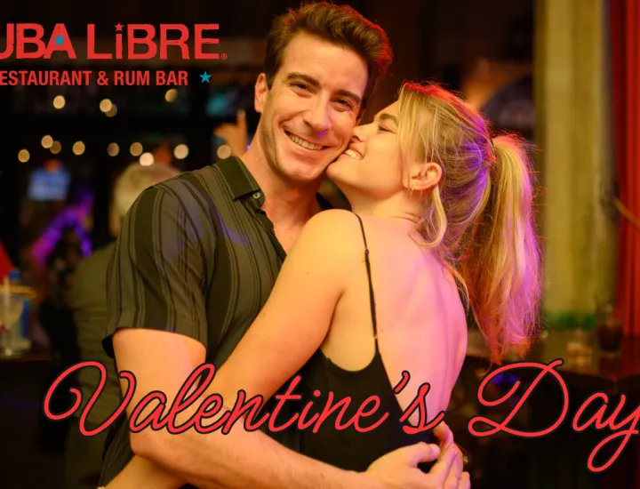 A couple hugging and smiling with Valentine's Day text