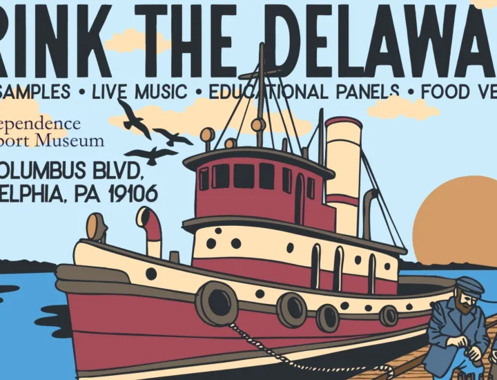 A graphic with the event name "Drink the Delaware" on it. It also shows a tug boat next to two dock workers.