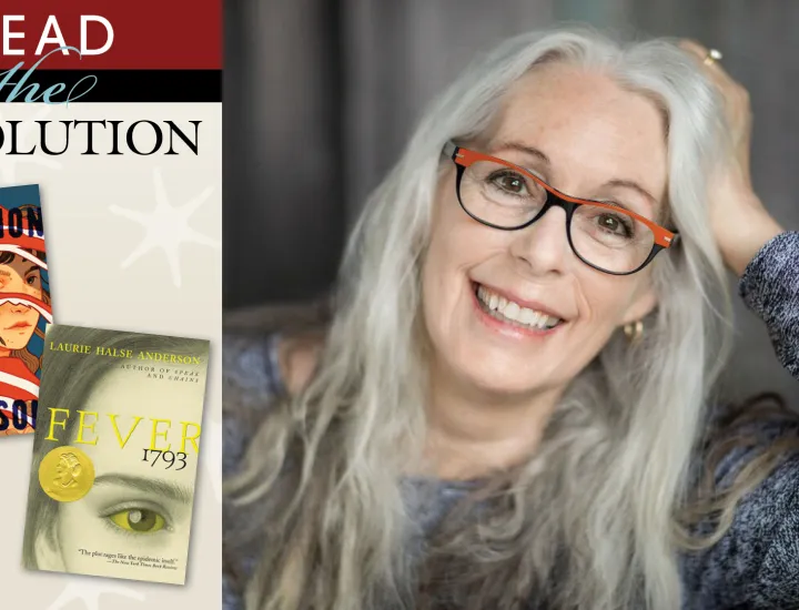 Graphic on left features books next to woman with grey hair and orange and black glasses