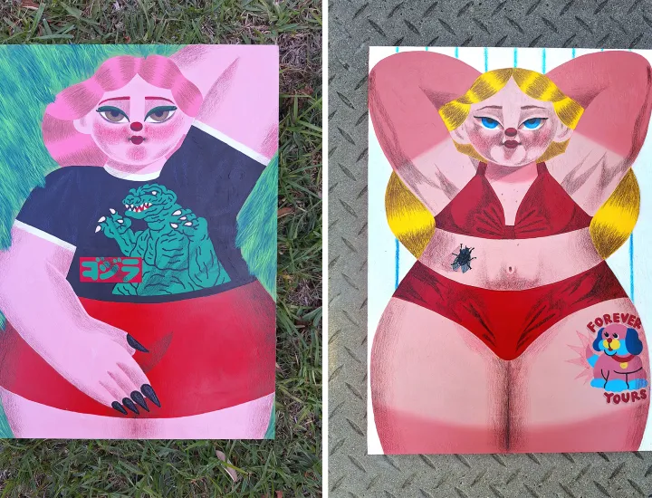 Two paintings by MOTELSEVEN side by side, featuring stylized women in repose