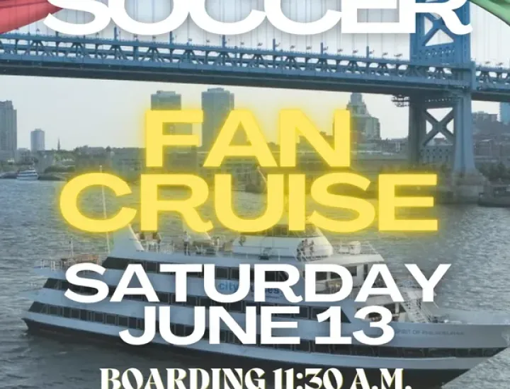 A promotional poster for “The Global Soccer Fan Cruise” featuring a large sightseeing boat on a river with a bridge and city skyline behind it. Flags from several countries line the top, and event details list the cruise date, boarding time, and sponsors.