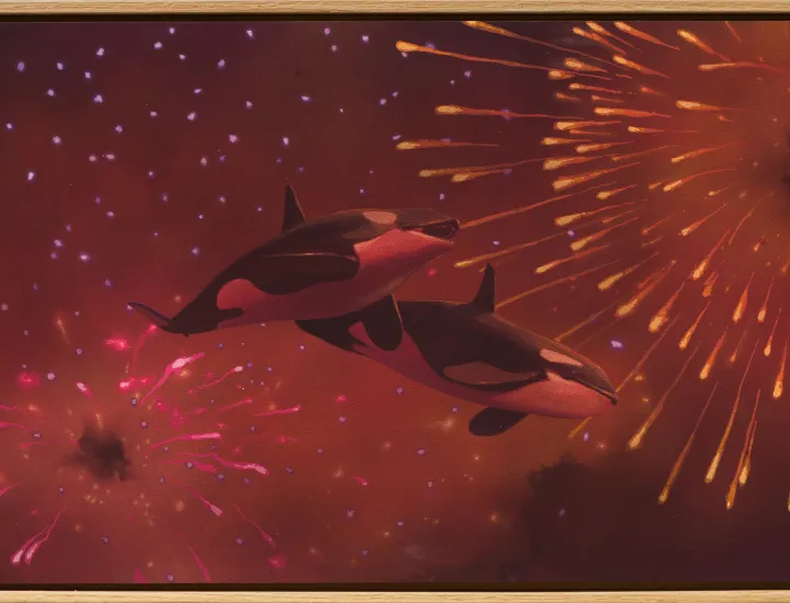 Painting of two orcas floating among fireworks in the sky