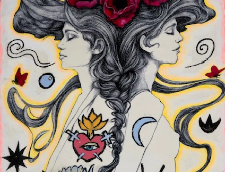 “Duality” charcoal, encaustic with oil pastel, 24” x 36”