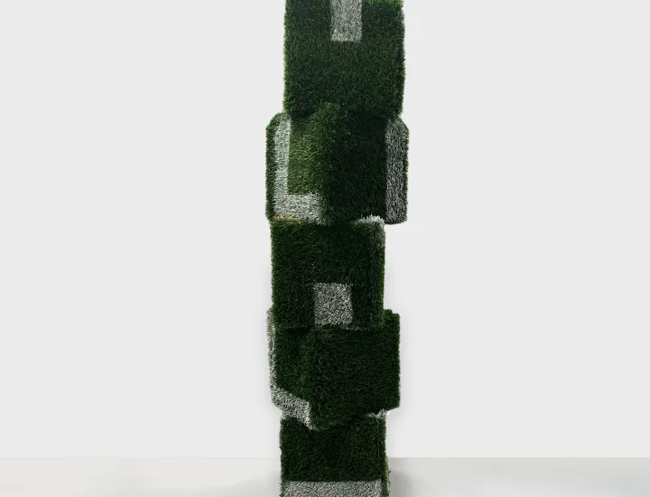 Brandon J. Donahue-Shipp | A Monument To Scrimmage | 64 x 20 x 20 inches / 162 x 50 x 50 cm, astro Turf, spray paint, wood, 2025
