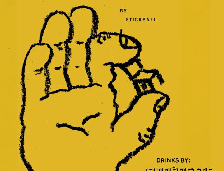 Poster for The Tiny Chair Show III featuring an illustrated hand holding a tiny chair against a yellow background, with event details for the June 2026 exhibition at Stickball in Philadelphia.