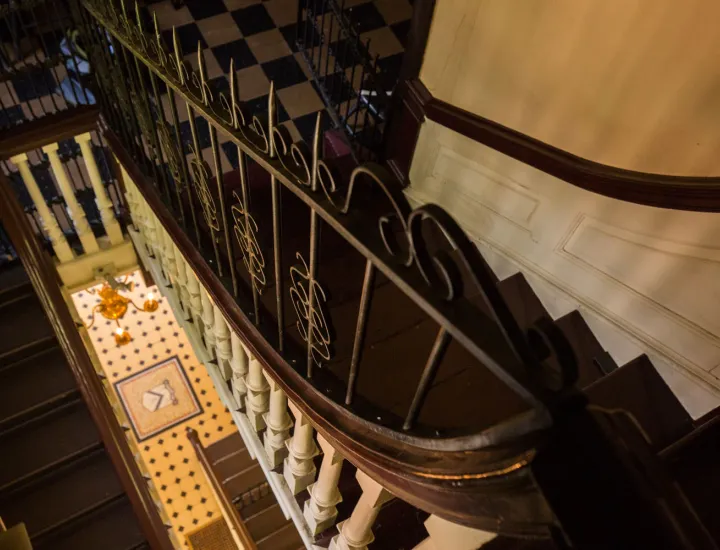 A photo of a dark staircase at Carpenters' Hall in Philadelphia