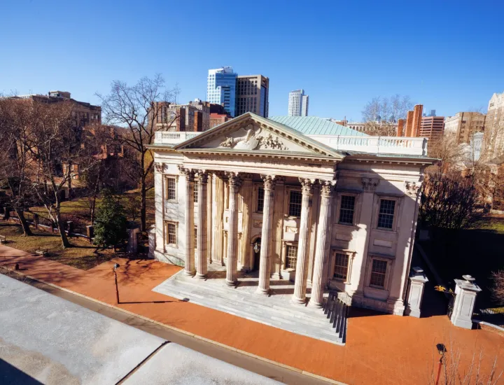 A photograph of the front exterior of the First Bank of the United States.