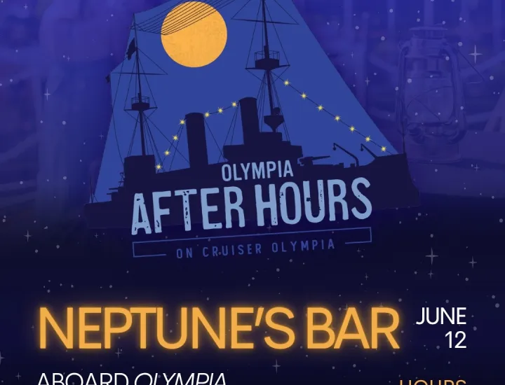 A graphic that includes the name of the event (Neptune's Bar - Olympia After Hours), the event date (June 12), time (6 - 9 PM), and the location (aboard the Olympia)