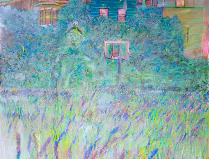Vibrant oil painting with solitary figure standing in a field of lavender