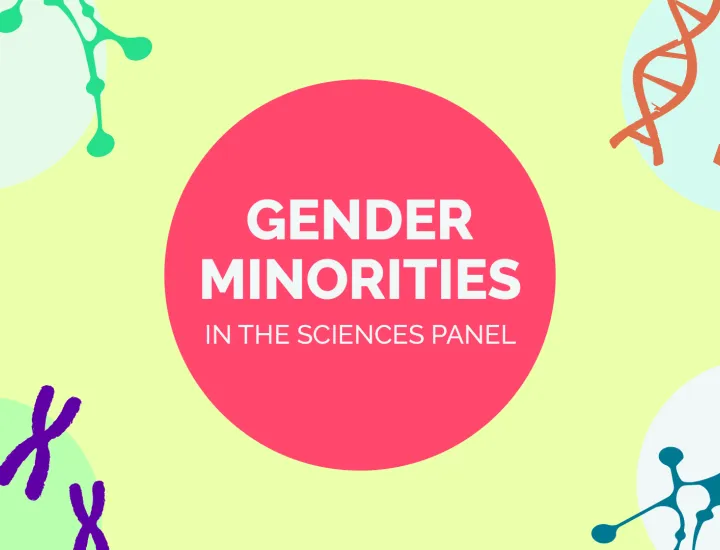 colorful graphic with scientific apparatus and title Gender Minorities in the Sciences Panel