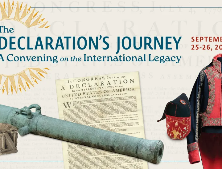 graphic featuring 18th century cannon, military coat, and declaration