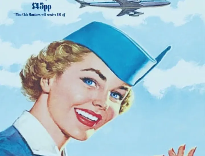 A retro-style ad for a Friday Night Flight event, featuring a smiling flight attendant. It mentions a wine tasting from 6-8 pm for $15 per