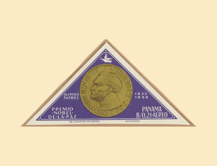 Panamanian stamp, triangular, purple, depicting a Nobel prize medal