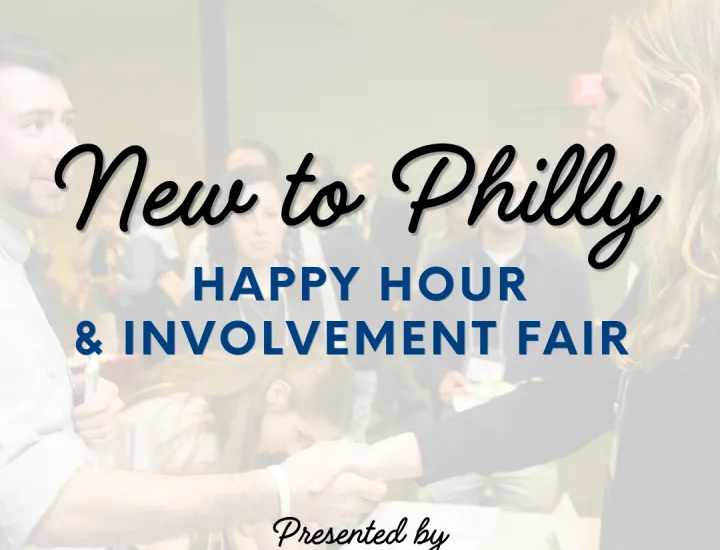Image of two people shaking hands across a table with New to Philly Happy Hour & Involvement Fair written across