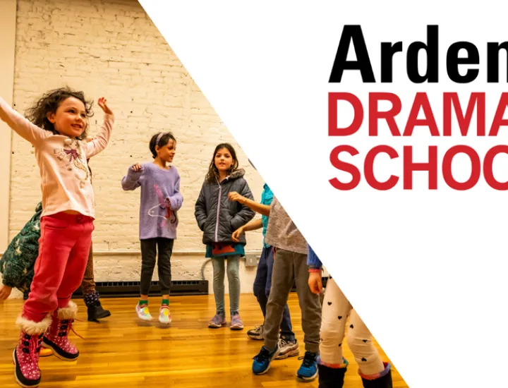 A child cheering in front of fellow young thespian students, text reads: Arden Drama School