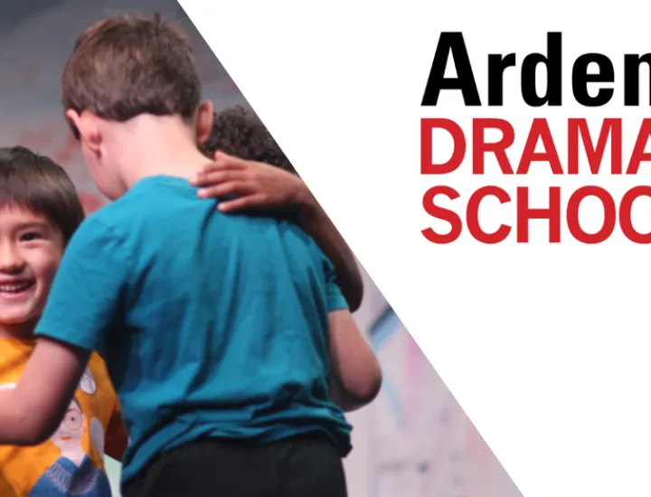 Three children hugging. Text reads: Arden Drama School