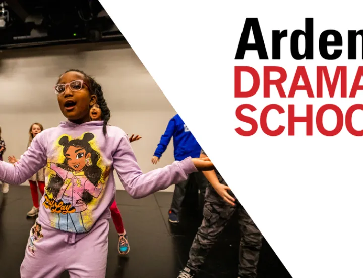 A child in a purple shirt performing. Text reads: Arden Drama School