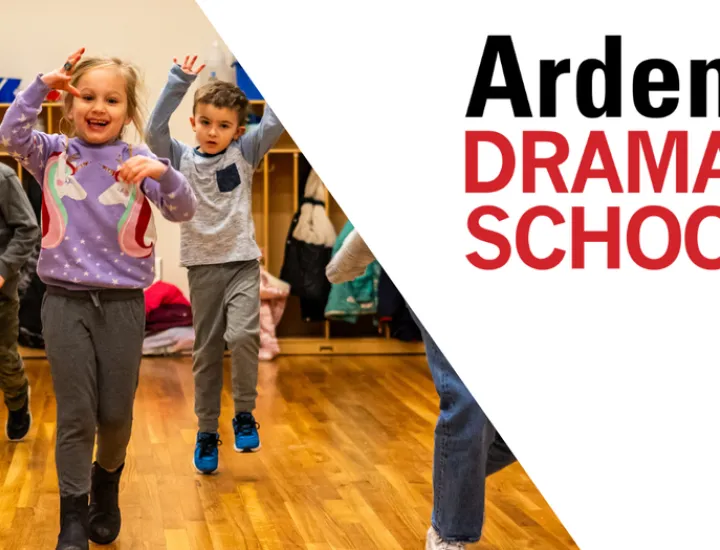 Group of children participating in a movement activity!  Text Reads: Arden Drama School