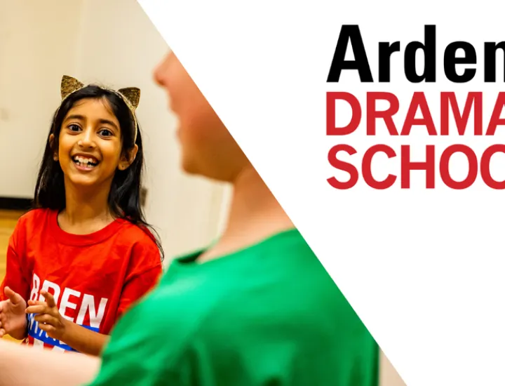 Child in red shirt and cat ears, playing. Text reads: Arden