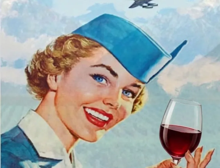 retro flyer of flight attendant holding a glass of red wine 