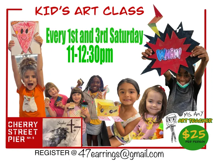 Image of kids holding their art projects. Words say kid’s art class every 1st and 3rd Saturday 11-12:30p 