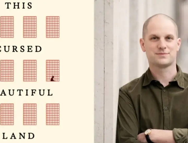 On the left there is a book cover of Cursed Beautiful Land. On the right there is a photo of a white man with little hair and wearing a green button down shirt