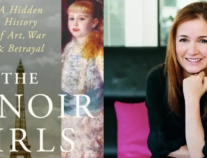 On the left is the book cover for The Renoir Girls. On the right is a picture of a young woman with medium length light brown hair wearing a black shirt and sitting on pink pillows