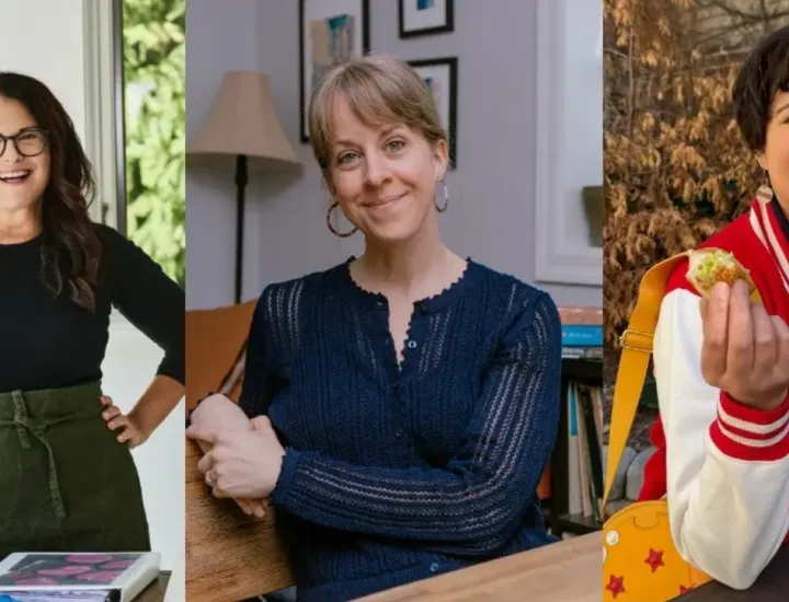 Three photos of three women. On the left is a woman with long dark hair wearing a black shirt and a green skirt. In the middle there is a woman with blonde hair pulled back wearing a blue long sleeved shirt. On the right is an Asain woman with short black hair wearing a letterman-style red and white jacket holding a sandwich and a martini glass.