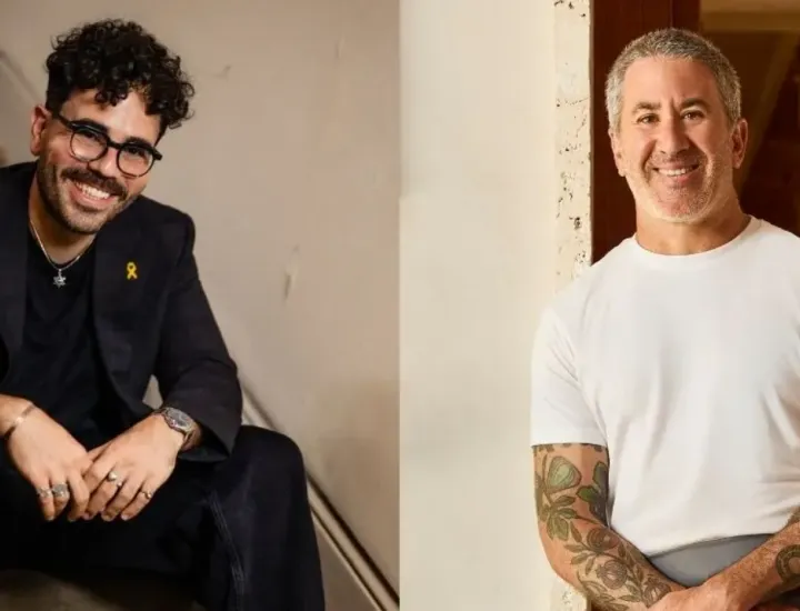 Photo of a man with dark curly hair wearing black glasses and black shirt and pants sitting on stairs on the left and a photo of an older man in a white tshirt with tattoos on his arm adn grey hair on the right
