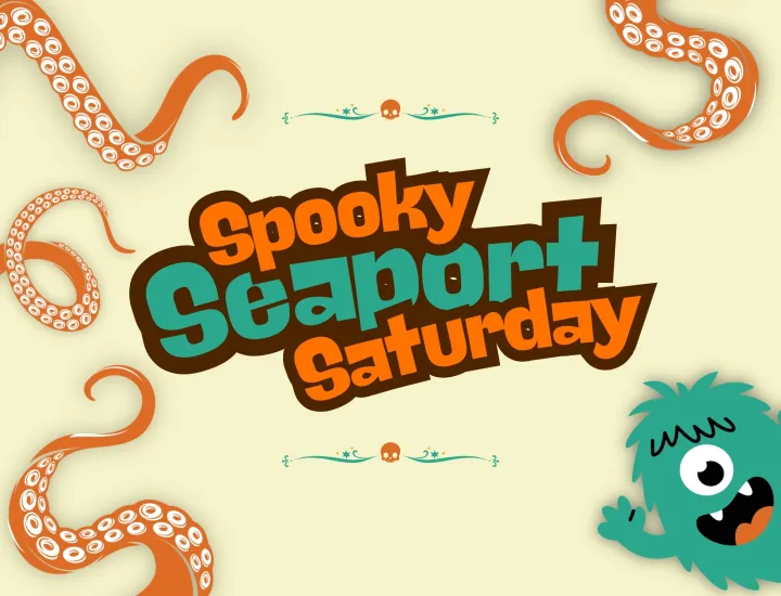 A graphic design highlighting the name of the museum's Halloween program with sea monsters featured.